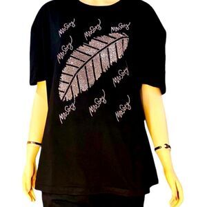 Black Short Sleeve White Diamond Studs Feathers Plus Size Shirt - NEW